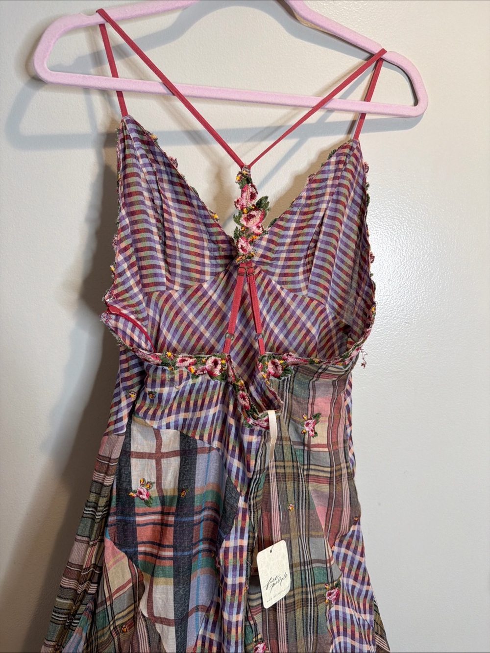 Free People Prairie Dust Plaid Patchwork Embroidered Floral Maxi Dress M - Picture 9 of 10